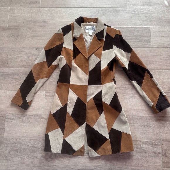 Y2K BB Dakota Patchwork Suede Leather Trench Coat - Picture 4 of 14
